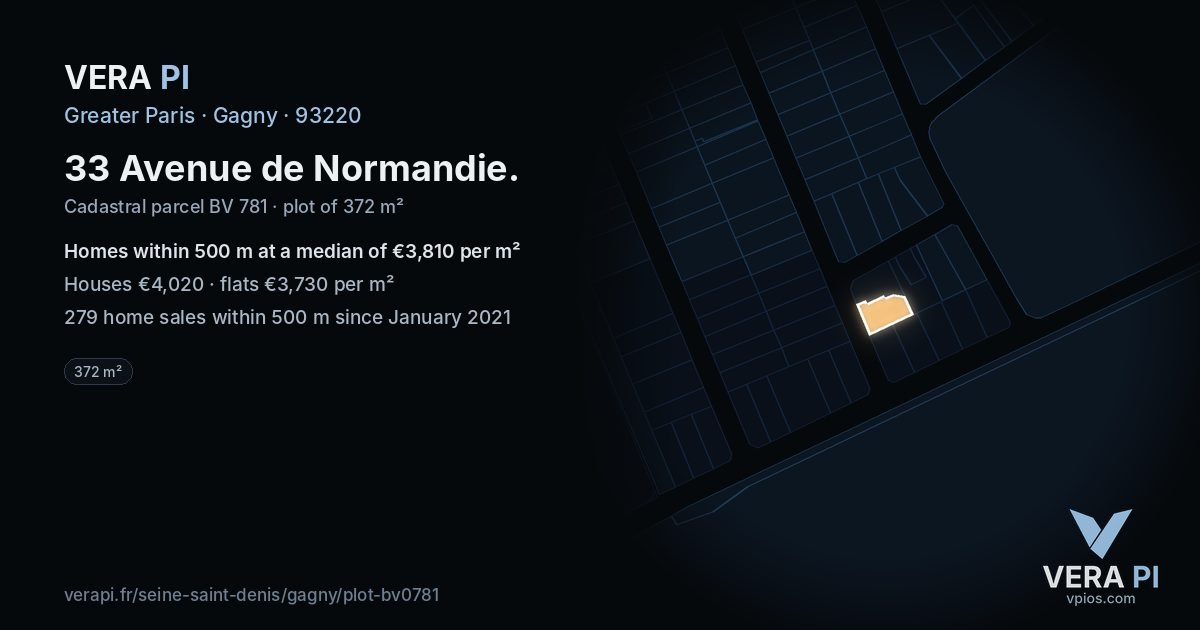 33 Avenue de Normandie, Gagny at night – the plot lit, the parcels around coloured by the prices near them