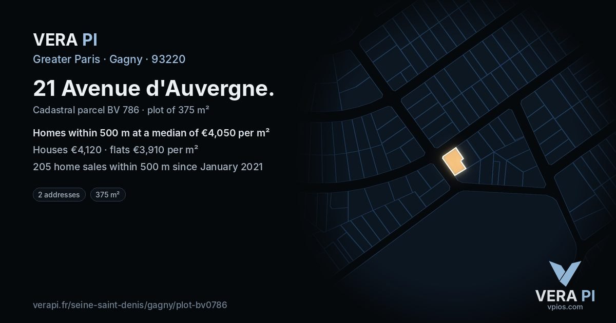 21 Avenue d'Auvergne, Gagny at night – the plot lit, the parcels around coloured by the prices near them