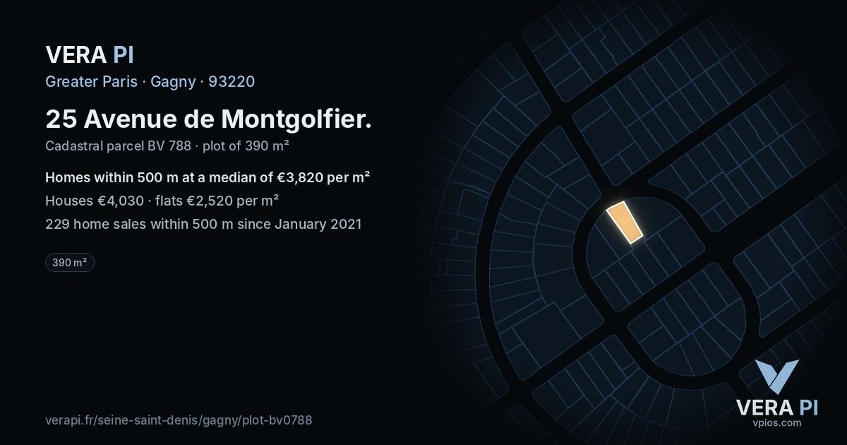 25 Avenue de Montgolfier, Gagny at night – the plot lit, the parcels around coloured by the prices near them