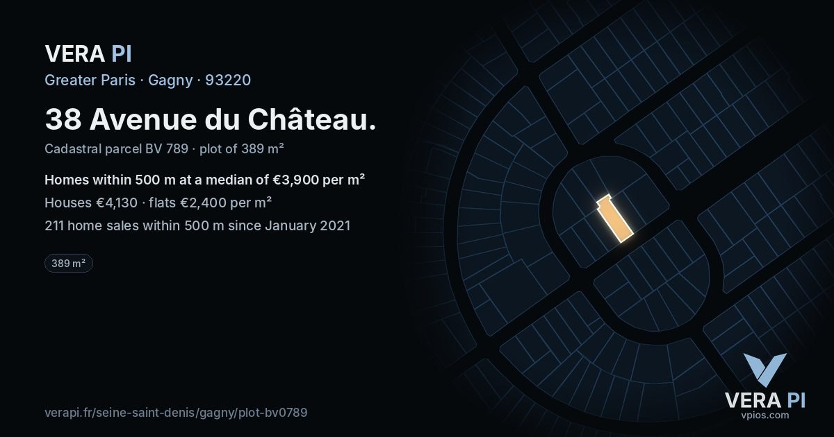 38 Avenue du Château, Gagny at night – the plot lit, the parcels around coloured by the prices near them