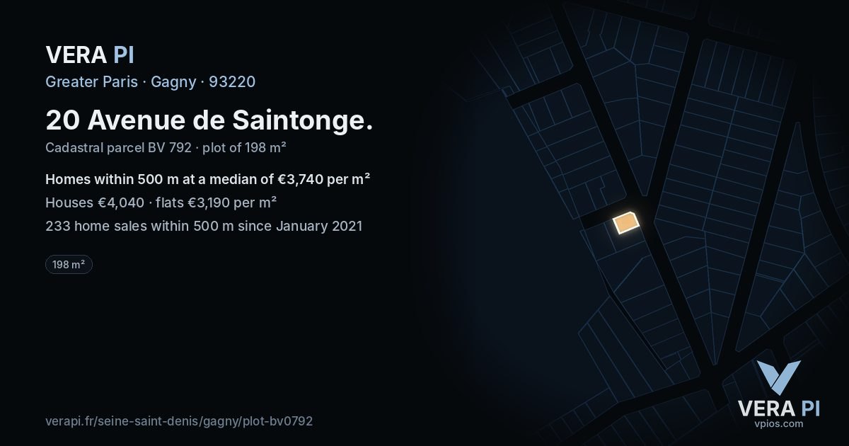 20 Avenue de Saintonge, Gagny at night – the plot lit, the parcels around coloured by the prices near them