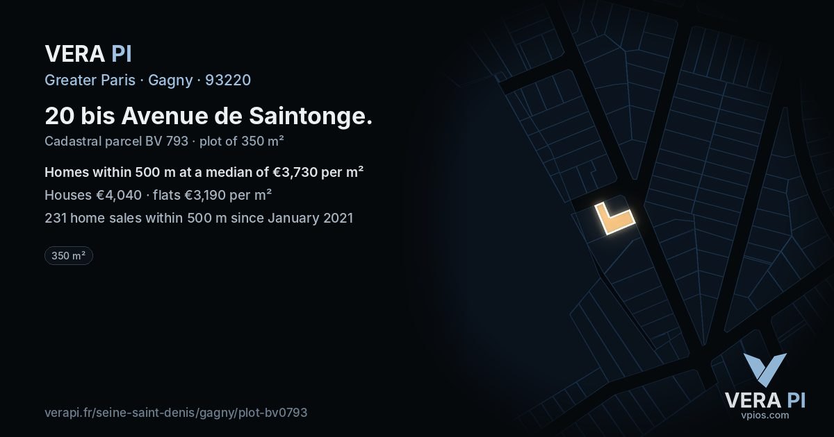 20 bis Avenue de Saintonge, Gagny at night – the plot lit, the parcels around coloured by the prices near them