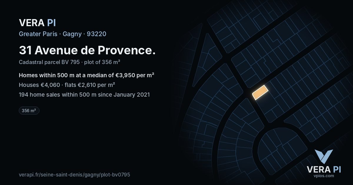 31 Avenue de Provence, Gagny at night – the plot lit, the parcels around coloured by the prices near them