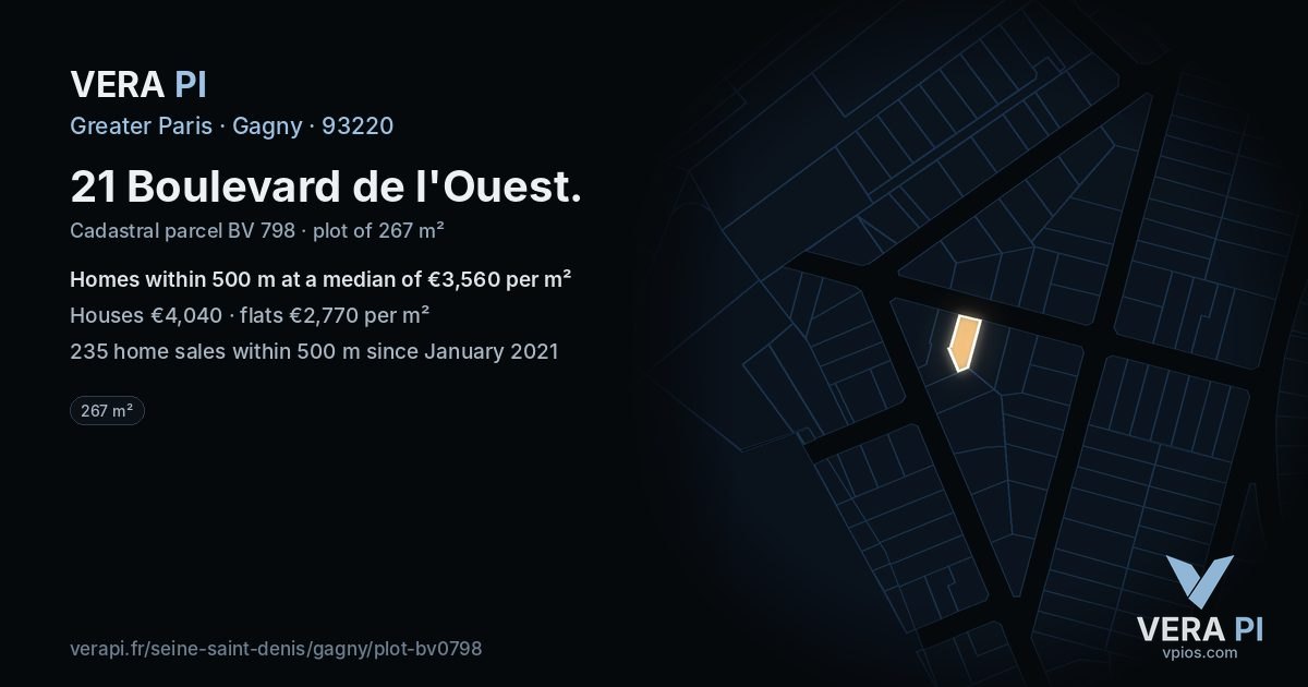21 Boulevard de l'Ouest, Gagny at night – the plot lit, the parcels around coloured by the prices near them