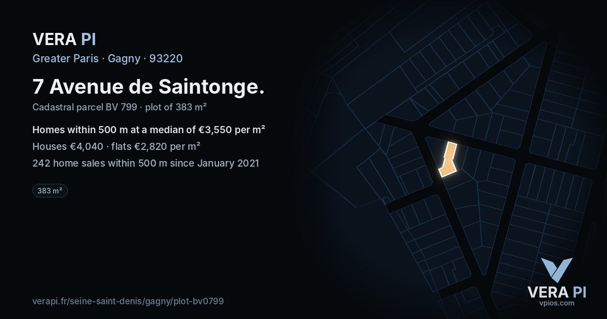 7 Avenue de Saintonge, Gagny at night – the plot lit, the parcels around coloured by the prices near them