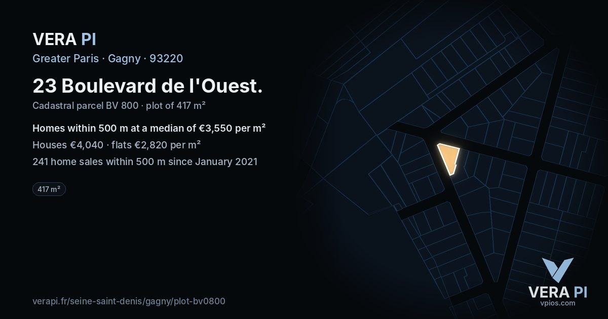 23 Boulevard de l'Ouest, Gagny at night – the plot lit, the parcels around coloured by the prices near them