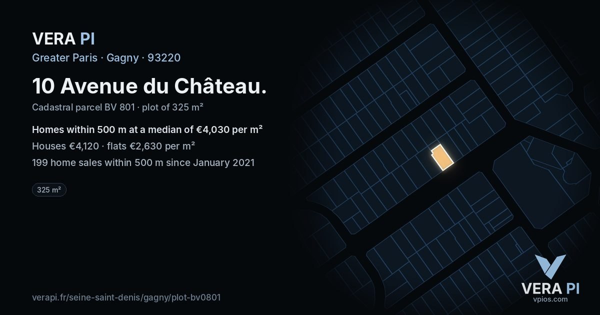 10 Avenue du Château, Gagny at night – the plot lit, the parcels around coloured by the prices near them