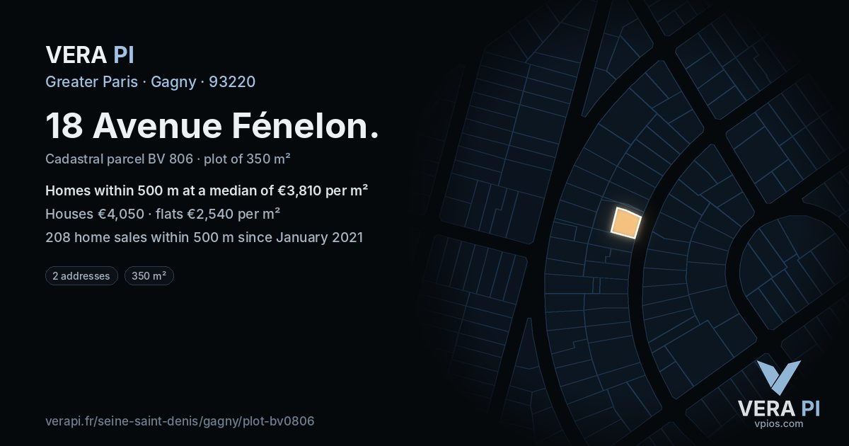 18 Avenue Fénelon, Gagny at night – the plot lit, the parcels around coloured by the prices near them