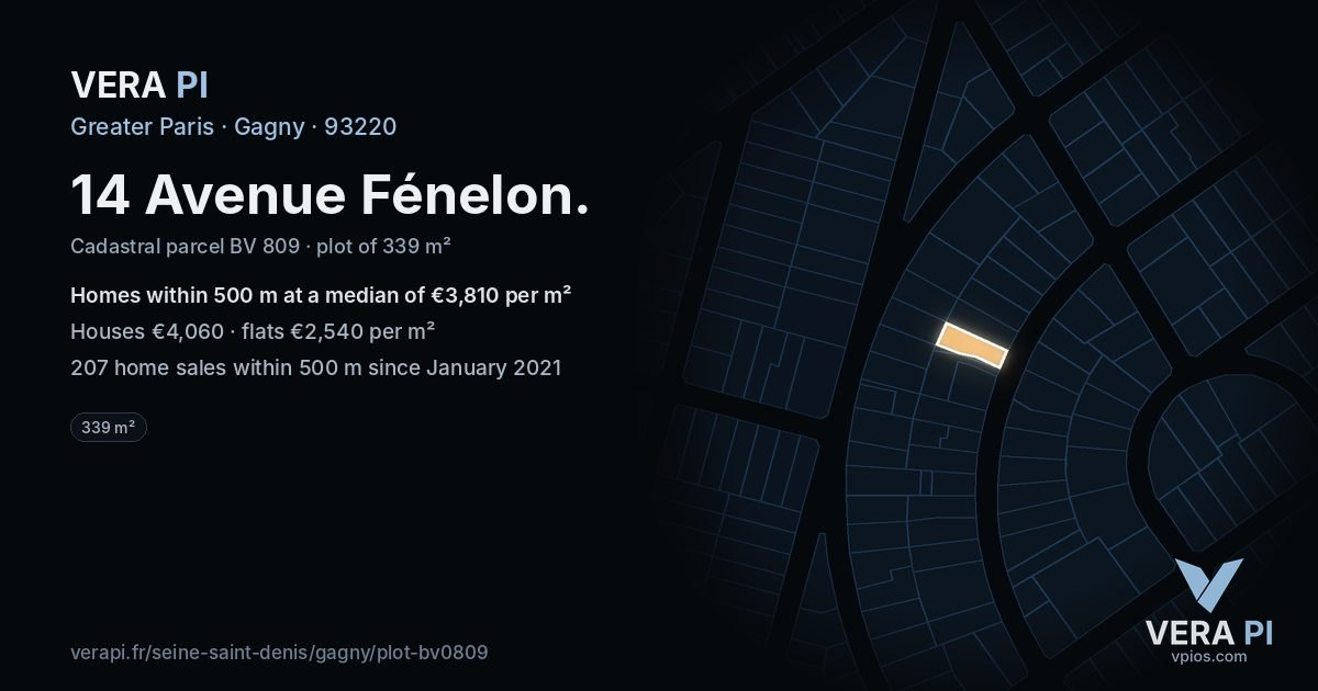 14 Avenue Fénelon, Gagny at night – the plot lit, the parcels around coloured by the prices near them