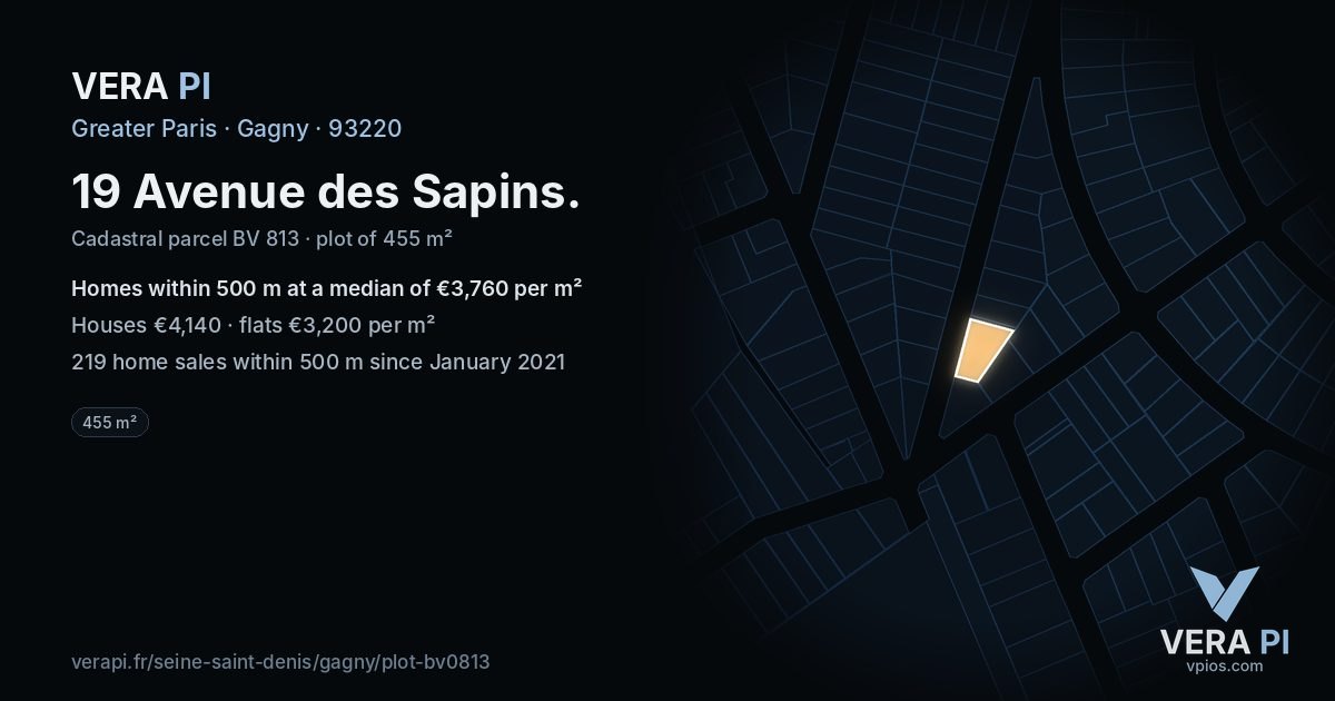 19 Avenue des Sapins, Gagny at night – the plot lit, the parcels around coloured by the prices near them