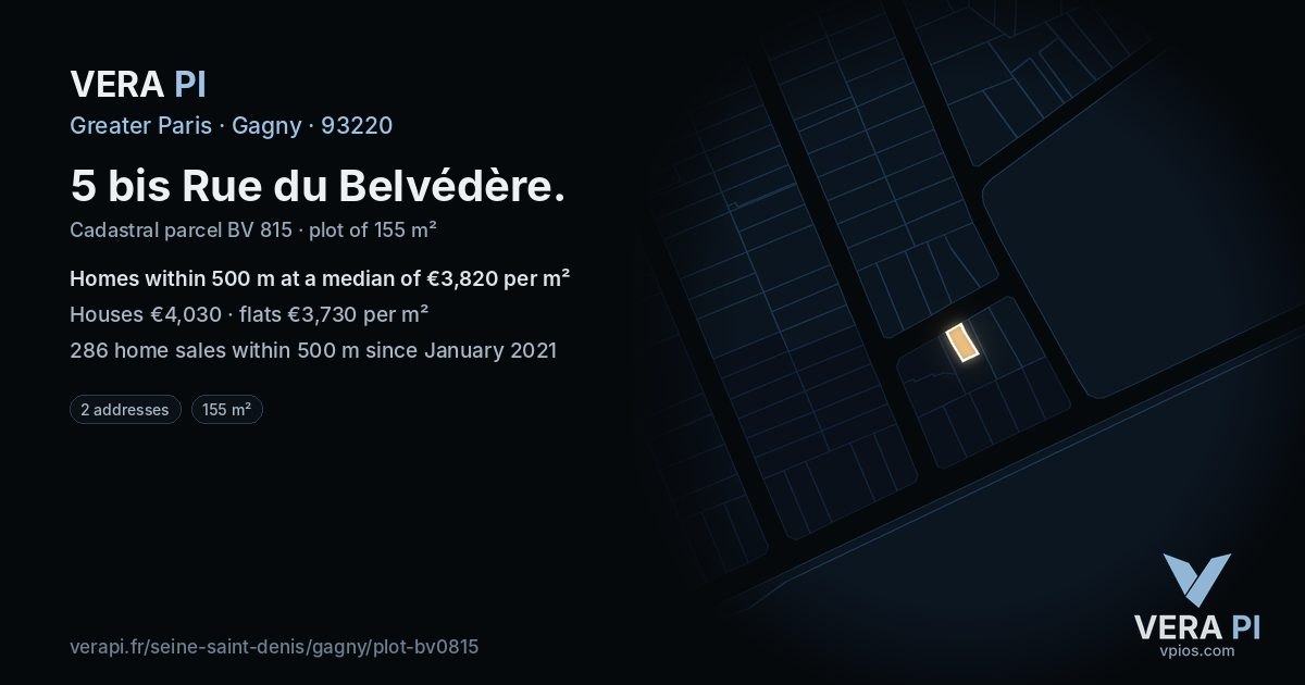 5 bis Rue du Belvédère, Gagny at night – the plot lit, the parcels around coloured by the prices near them