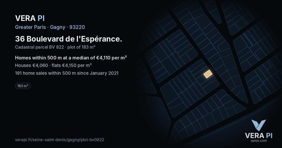 36 Boulevard de l'Espérance, Gagny at night – the plot lit, the parcels around coloured by the prices near them