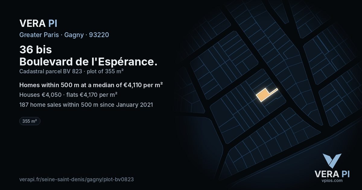 36 bis Boulevard de l'Espérance, Gagny at night – the plot lit, the parcels around coloured by the prices near them