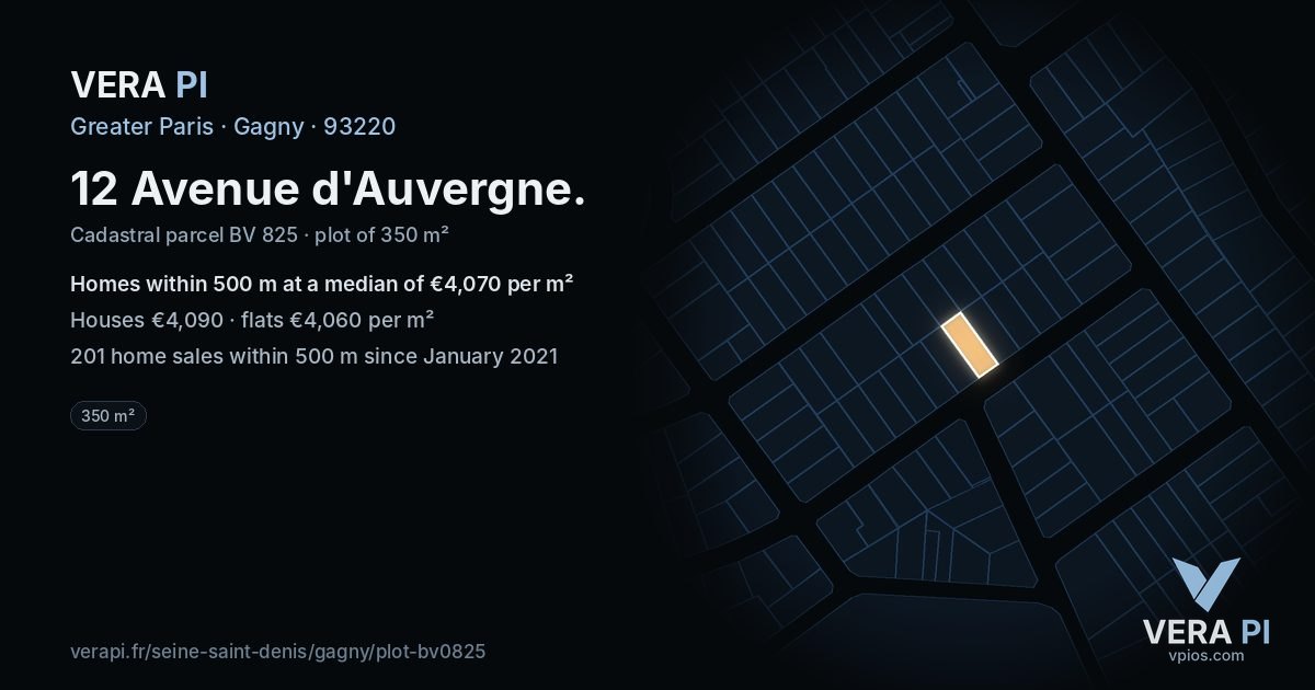 12 Avenue d'Auvergne, Gagny at night – the plot lit, the parcels around coloured by the prices near them