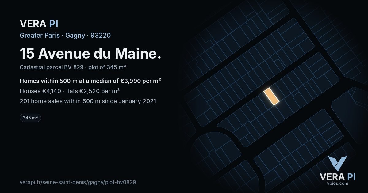 15 Avenue du Maine, Gagny at night – the plot lit, the parcels around coloured by the prices near them