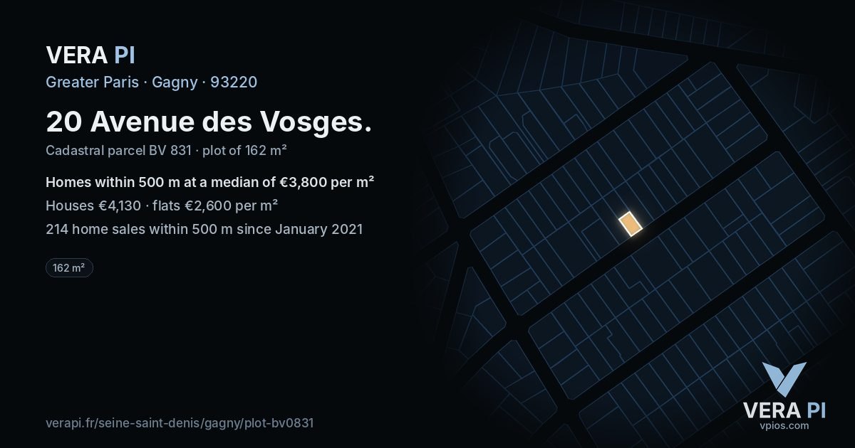 20 Avenue des Vosges, Gagny at night – the plot lit, the parcels around coloured by the prices near them