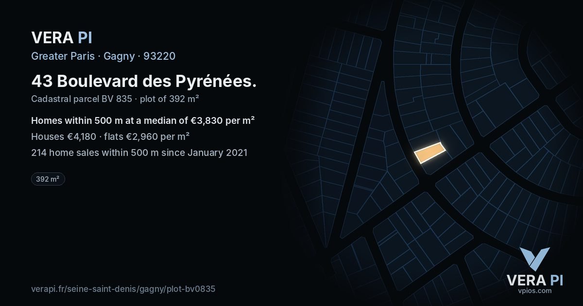 43 Boulevard des Pyrénées, Gagny at night – the plot lit, the parcels around coloured by the prices near them