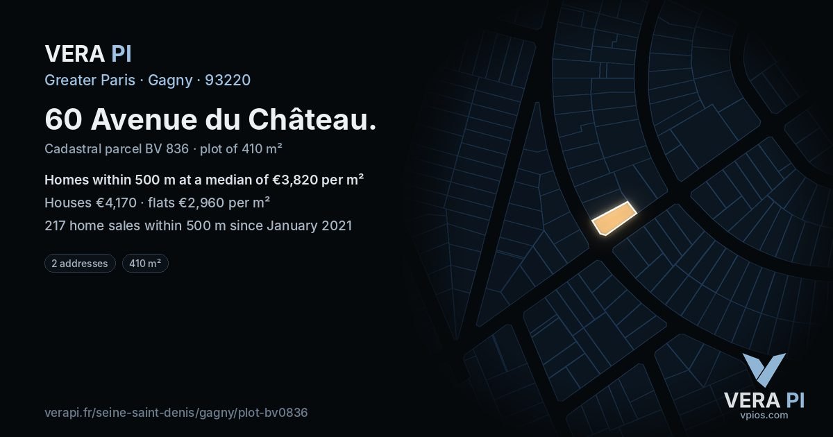 60 Avenue du Château, Gagny at night – the plot lit, the parcels around coloured by the prices near them