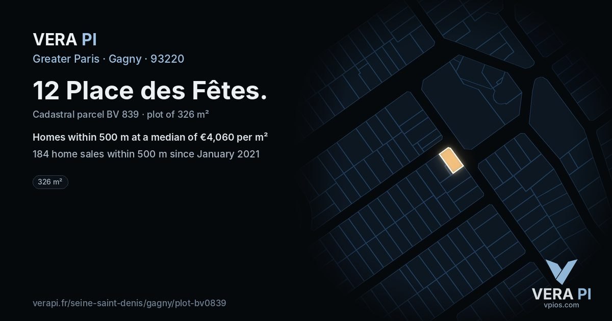 12 Place des Fêtes, Gagny at night – the plot lit, the parcels around coloured by the prices near them