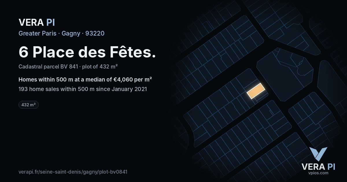 6 Place des Fêtes, Gagny at night – the plot lit, the parcels around coloured by the prices near them