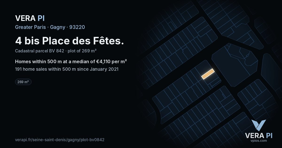4 bis Place des Fêtes, Gagny at night – the plot lit, the parcels around coloured by the prices near them