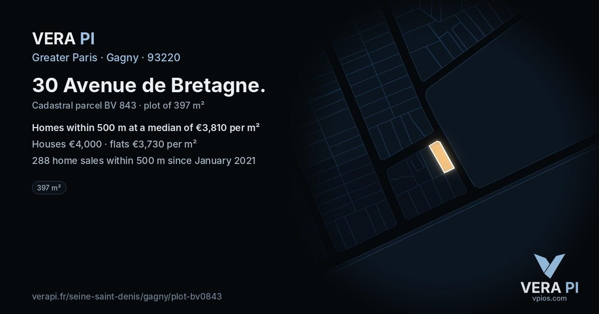 30 Avenue de Bretagne, Gagny at night – the plot lit, the parcels around coloured by the prices near them