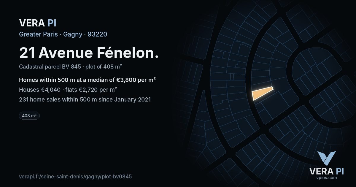 21 Avenue Fénelon, Gagny at night – the plot lit, the parcels around coloured by the prices near them