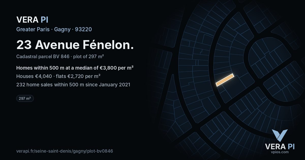 23 Avenue Fénelon, Gagny at night – the plot lit, the parcels around coloured by the prices near them