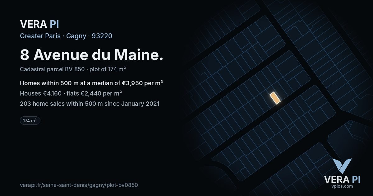 8 Avenue du Maine, Gagny at night – the plot lit, the parcels around coloured by the prices near them