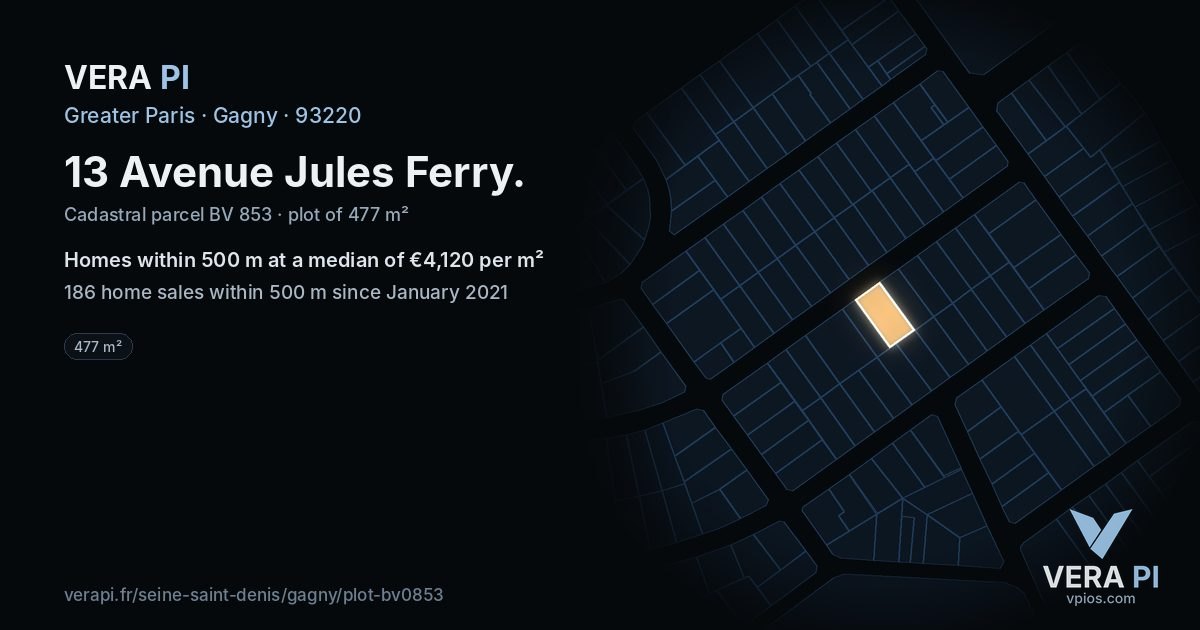 13 Avenue Jules Ferry, Gagny at night – the plot lit, the parcels around coloured by the prices near them