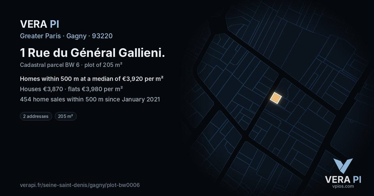 1 Rue du Général Gallieni, Gagny at night – the plot lit, the parcels around coloured by the prices near them