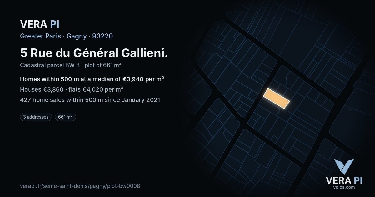 5 Rue du Général Gallieni, Gagny at night – the plot lit, the parcels around coloured by the prices near them