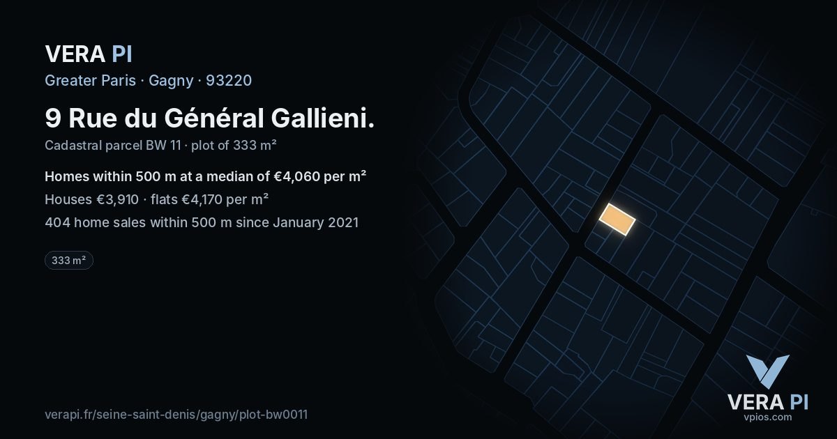 9 Rue du Général Gallieni, Gagny at night – the plot lit, the parcels around coloured by the prices near them