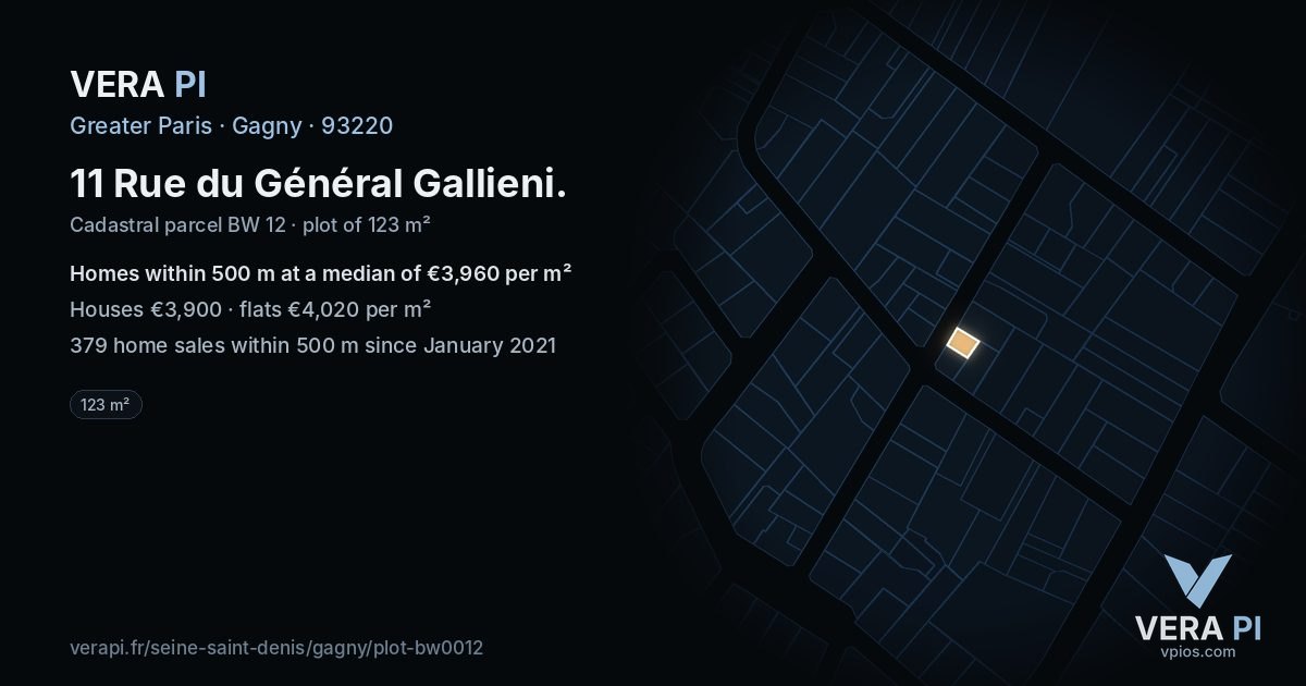 11 Rue du Général Gallieni, Gagny at night – the plot lit, the parcels around coloured by the prices near them
