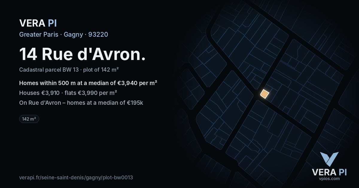 14 Rue d'Avron, Gagny at night – the plot lit, the parcels around coloured by the prices near them