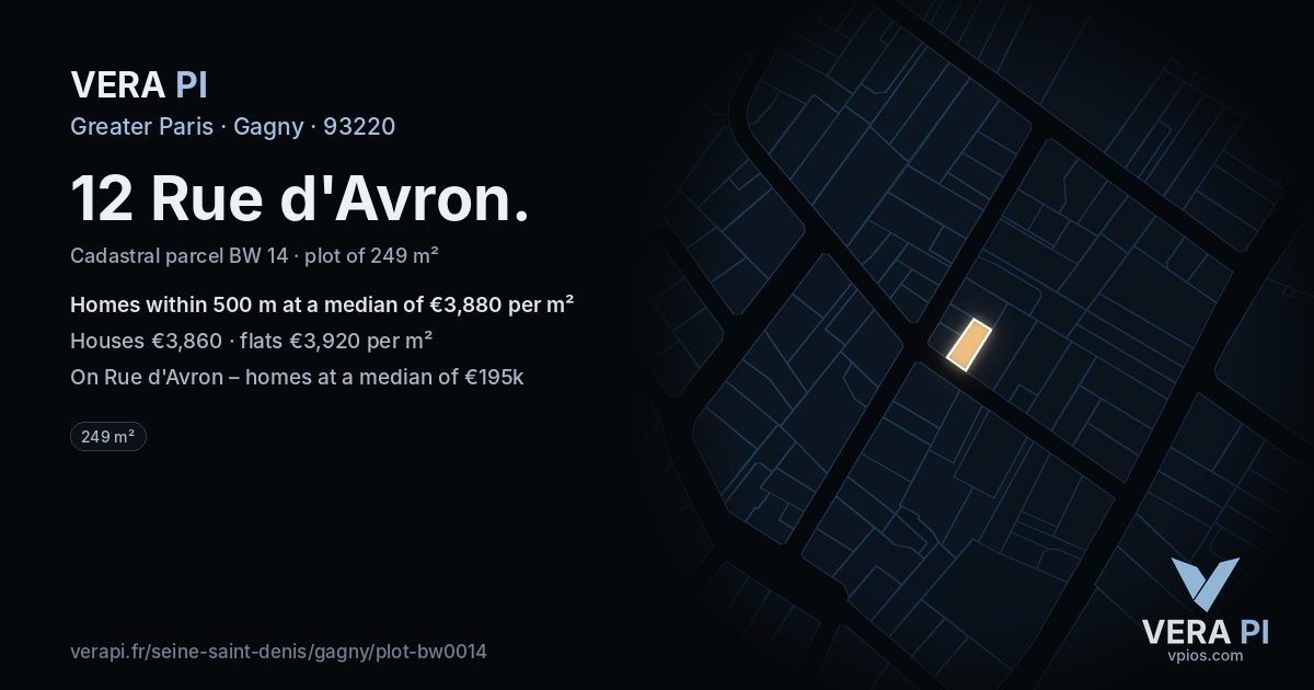 12 Rue d'Avron, Gagny at night – the plot lit, the parcels around coloured by the prices near them