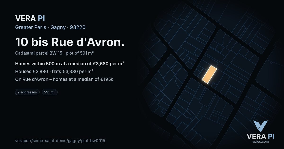 10 bis Rue d'Avron, Gagny at night – the plot lit, the parcels around coloured by the prices near them
