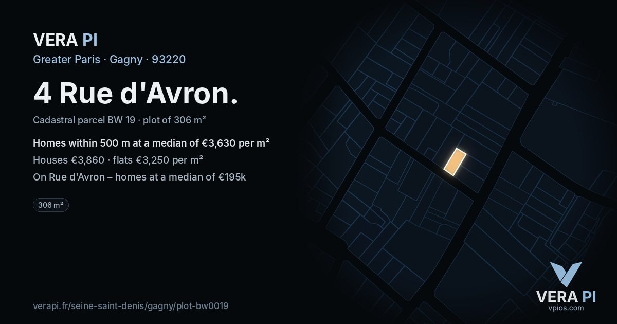 4 Rue d'Avron, Gagny at night – the plot lit, the parcels around coloured by the prices near them