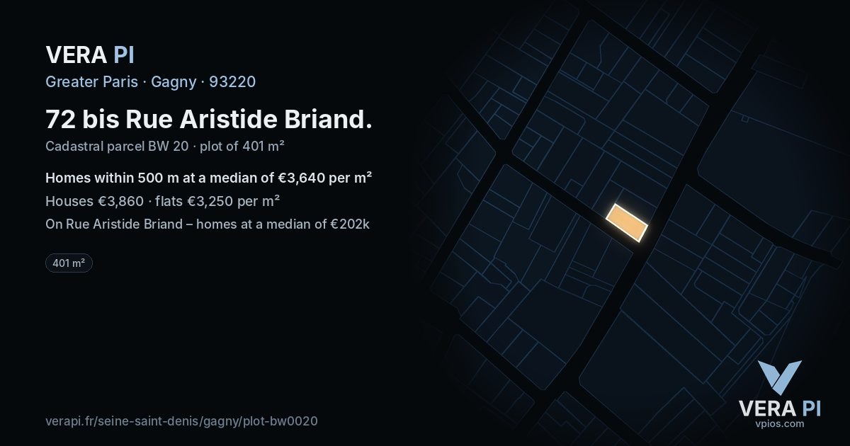 72 bis Rue Aristide Briand, Gagny at night – the plot lit, the parcels around coloured by the prices near them