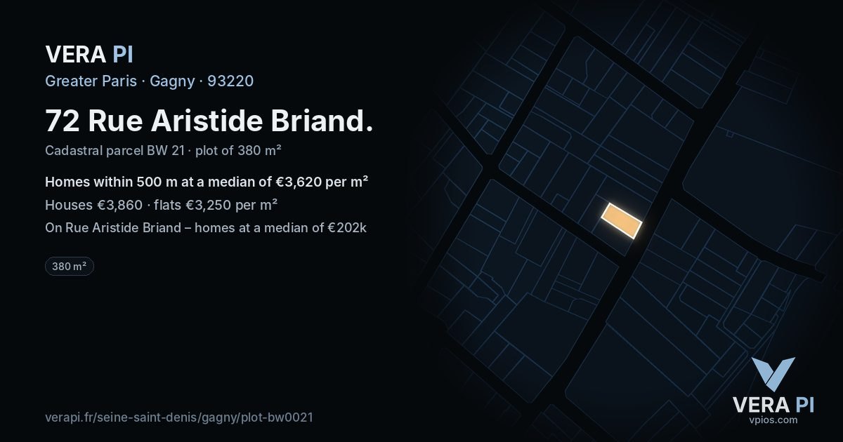 72 Rue Aristide Briand, Gagny at night – the plot lit, the parcels around coloured by the prices near them