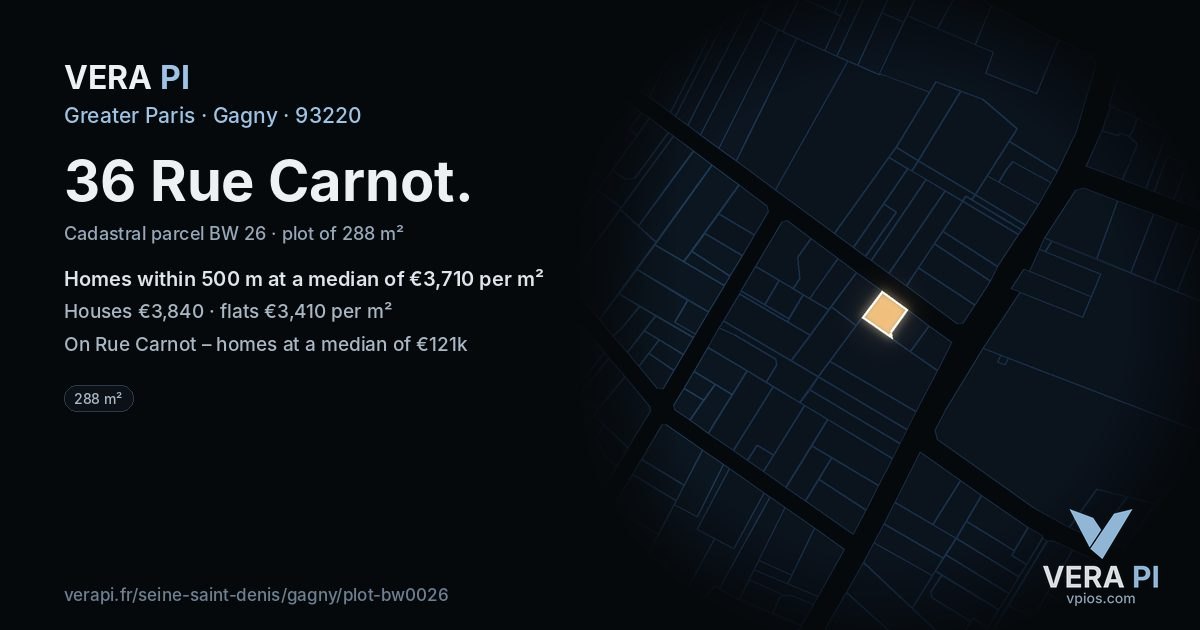 36 Rue Carnot, Gagny at night – the plot lit, the parcels around coloured by the prices near them