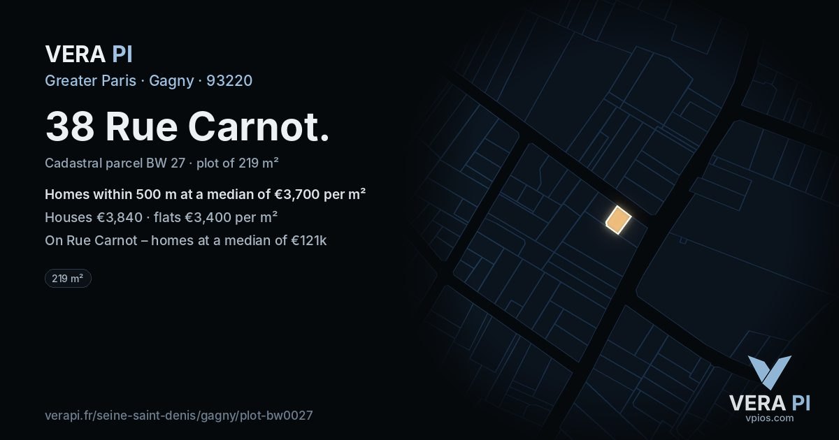38 Rue Carnot, Gagny at night – the plot lit, the parcels around coloured by the prices near them