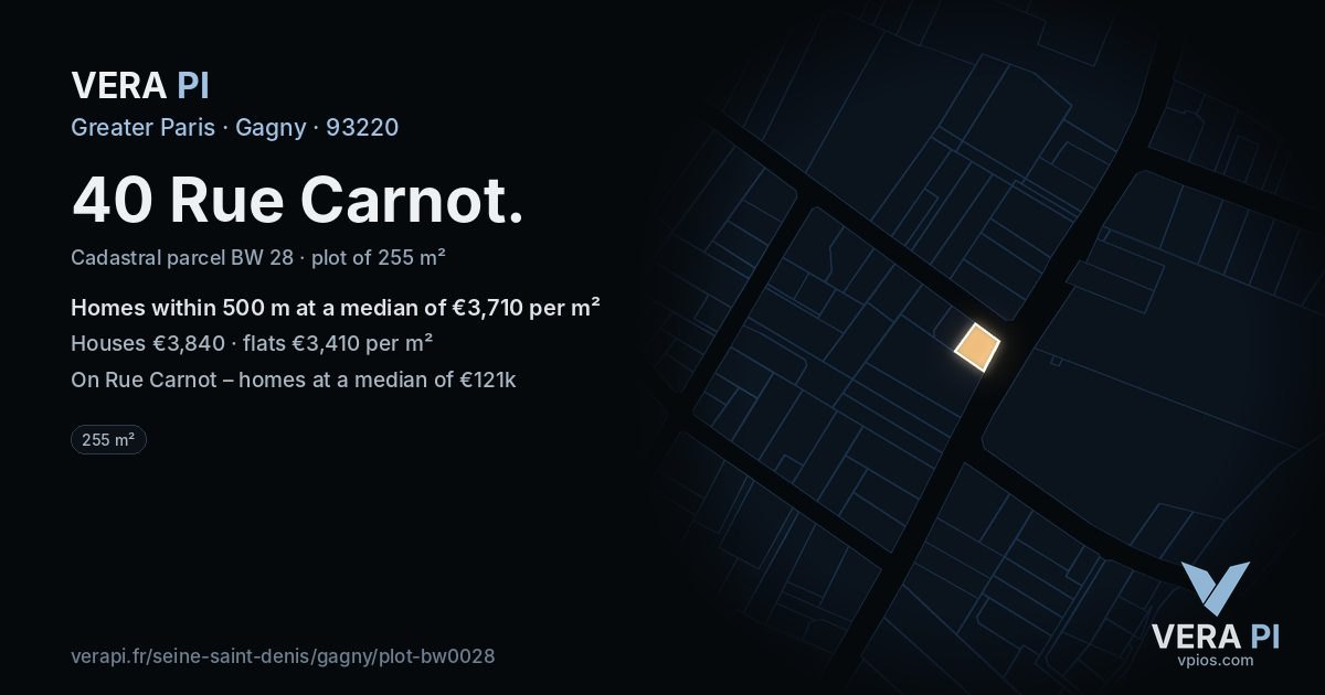 40 Rue Carnot, Gagny at night – the plot lit, the parcels around coloured by the prices near them