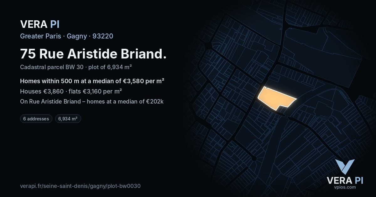 75 Rue Aristide Briand, Gagny at night – the plot lit, the parcels around coloured by the prices near them