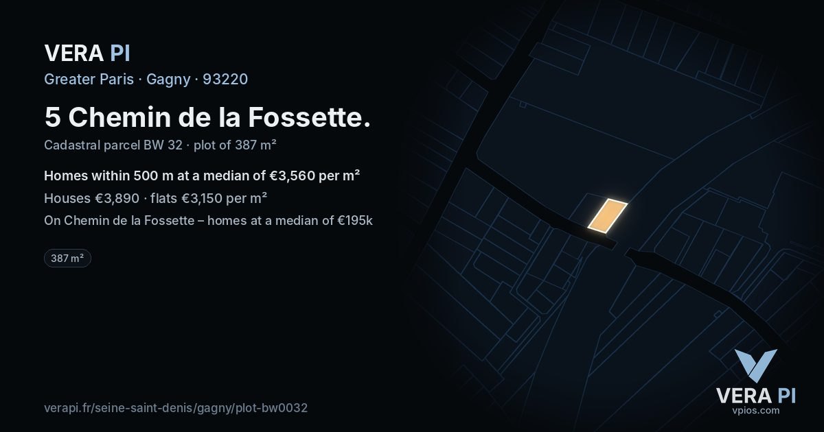 5 Chemin de la Fossette, Gagny at night – the plot lit, the parcels around coloured by the prices near them
