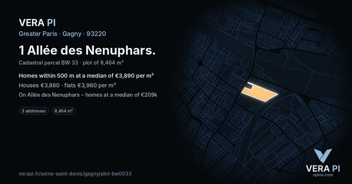 1 Allée des Nenuphars, Gagny at night – the plot lit, the parcels around coloured by the prices near them