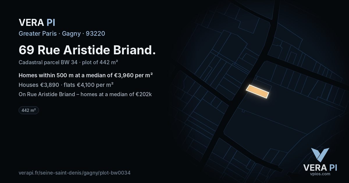 69 Rue Aristide Briand, Gagny at night – the plot lit, the parcels around coloured by the prices near them