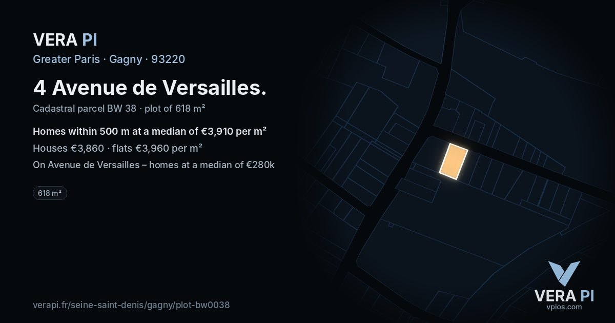 4 Avenue de Versailles, Gagny at night – the plot lit, the parcels around coloured by the prices near them