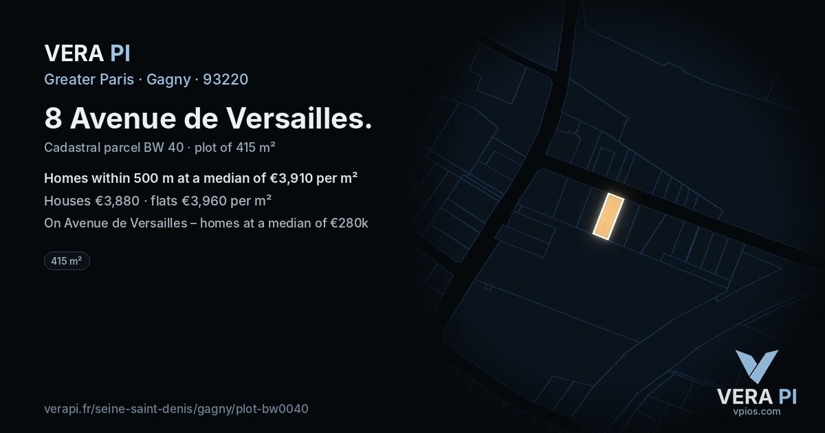 8 Avenue de Versailles, Gagny at night – the plot lit, the parcels around coloured by the prices near them
