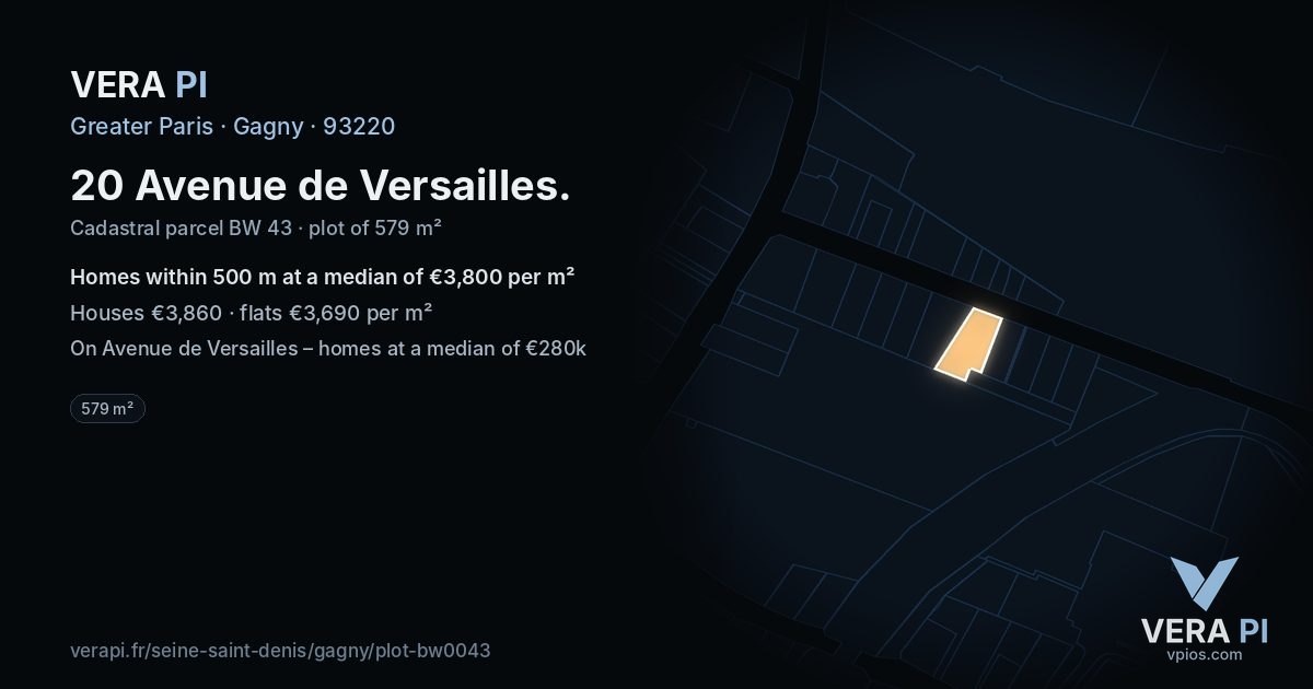 20 Avenue de Versailles, Gagny at night – the plot lit, the parcels around coloured by the prices near them